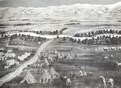 Sketch drawing of early Auraria, camp site for Native Americans. 