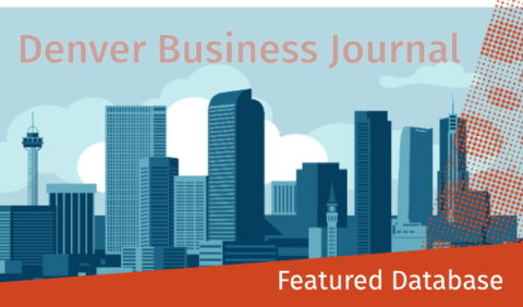 Illustration of a city skyline with tall buildings against blue clouds, featuring "Denver Business Journal" and red banner text "Featured Database."