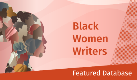 Silhouette of a woman's head filled with diverse, overlapping faces against a pink gradient background. Text reads "Black Women Writers: Featured Database."