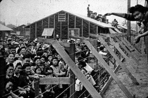 Japanese-American citizens corralled together in an internment camp