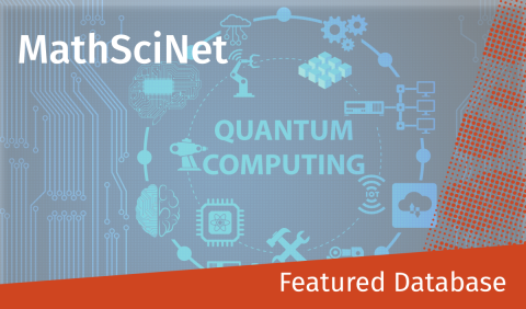 MathSciNet featured database banner with 'Quantum Computing' in the center, surrounded by icons like a brain, gears, and cloud, on a tech-patterned background.