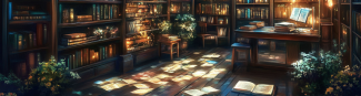 Cozy library interior with warm lighting from overhead lamps and glowing books. Wooden shelves line the walls, casting gentle shadows on the floor.