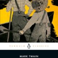 Cover of "Adventures of Huckleberry Finn" by Mark Twain, featuring two boys in a rowboat against a yellow background.