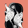 Cover of "Bloody Woman" by Lana Lopesi. Features two mirrored women in black and white, adorned with stars, set against a coral background. The mood is bold and artistic.