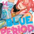A colorful manga cover featuring a character with pink hair and a playful expression, holding a pen. The title "BLUE PERIOD" and the volume number "14" are prominently displayed.