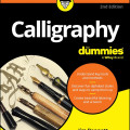 "Calligraphy for Dummies" book cover featuring writing tools, calligraphy strokes, and a sidebar with tips on tools and lettering styles.