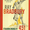 Vintage red-and-cream cover of Ray Bradbury’s *Fahrenheit 451*, showing a book-covered figure amid flames; bold lettering evokes a stark, dramatic mood.