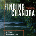 Book cover of "Finding Chandra" features a lush, green landscape with sunlight through trees over a calm river. Text cites it as a Washington murder mystery.