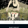 Illustration for Mary Shelley's "Frankenstein," depicting a figure gazing into a pond surrounded by flowers and dark, tangled branches.