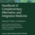 The book cover features the title "Handbook of Complementary, Alternative, and Integrative Medicine" on a dark green background with leaf patterns.