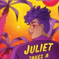 Cover of "Juliet Takes a Breath" features a vibrant illustration of a confident person with purple hair and glasses, set against a sunset with palm trees.