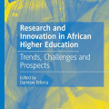 Cover of "Research and Innovation in African Higher Education" against abstract yellow and blue background. Title conveys focus on trends and challenges.