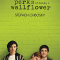 Book cover for Stephen Chbosky’s *The Perks of Being a Wallflower*, featuring three teens against a bright green brick wall; its restrained pose suggests youthful vulnerability.