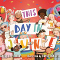 Colorful Stonewall Book Award picture-book cover shows diverse, joyful children holding signs that spell “This Day in June,” celebrating Pride with rainbows, heart-shaped glasses, and bright confetti.