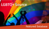 LGBTQ+ Source promotional banner with rainbow flag background, hands forming heart shapes, and text reading “Featured Database.”.