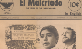 Front page of "El Malcriado" newspaper dated November 15-30, 1969. Features a young person and an older man, with headlines on grape resisters and a pesticide epidemic.