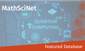 MathSciNet featured database banner with 'Quantum Computing' in the center, surrounded by icons like a brain, gears, and cloud, on a tech-patterned background.