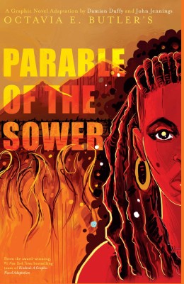 Cover of "Parable of the Sower" by Octavia E. Butler, featuring a dystopian landscape and a determined young woman.