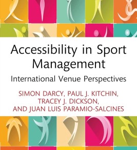 Colorful book cover for "Accessibility in Sport Management" with abstract figures in dynamic poses. Authors listed below the title. Energetic and inviting tone.