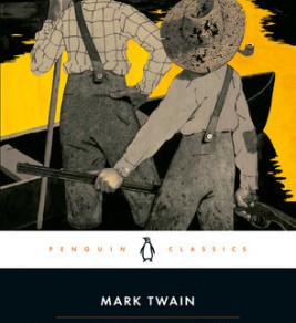 Adventures of Huckleberry Finn Cover of "Adventures of Huckleberry Finn" by Mark Twain, featuring two boys in a rowboat against a yellow background.