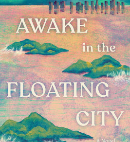 Book cover for "Awake in the Floating City" by Susanna Kwan. Features colorful abstract islands and distant cityscape against a vibrant sunset sky.