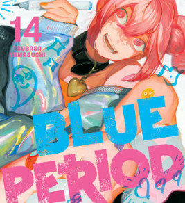 A colorful manga cover featuring a character with pink hair and a playful expression, holding a pen. The title "BLUE PERIOD" and the volume number "14" are prominently displayed.