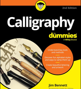 "Calligraphy for Dummies" book cover featuring writing tools, calligraphy strokes, and a sidebar with tips on tools and lettering styles.