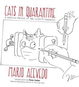 Cats in Quarantine: A Cartoon Memoir of the COVID-19 Pandemic Cover illustration for "Cats in Quarantine" by Mario Acevedo. A sketch of a cat in a mask, with human hands drawing it, conveys a whimsical tone.