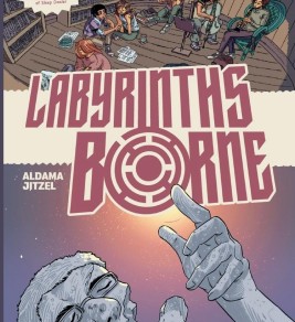 Labyrinths Borne Illustrated book cover for "Labyrinths Borne." Diverse group in a library, engaged in discussion. A giant hand rises from water, pointing upwards. Tone: mysterious, thought-provoking.
