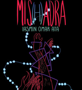 Cover of "Mis(h)adra" by Iasmin Omar Ata features a geometric, abstract illustration of an arm surrounded by glowing, blue spheres on a black background.