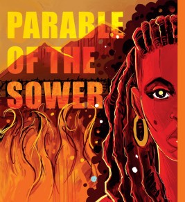 Cover of "Parable of the Sower" by Octavia E. Butler, featuring a dystopian landscape and a determined young woman.