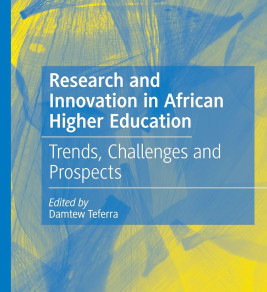 Cover of "Research and Innovation in African Higher Education" against abstract yellow and blue background. Title conveys focus on trends and challenges.