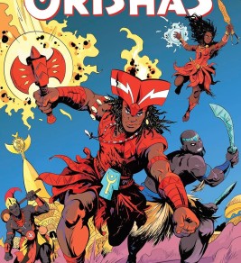 Tales of the Orishas Comic book cover titled "Tales of the Orishas" shows vibrant characters in dynamic action poses, wielding weapons against a dramatic celestial background.