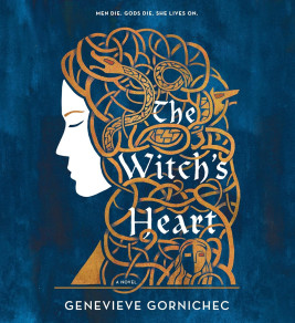 Profile of a woman with intricate golden serpentine hair on a deep blue background. Text reads "The Witch's Heart" by Genevieve Gornichec. Mood is mystical.